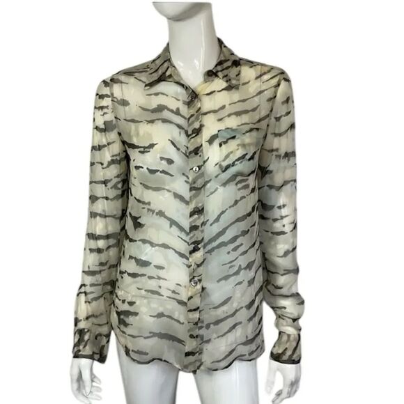 Equipment Tops - Equipment Cream Black 100% Silk Tiger Print Sheer Button Down Shirt Size XS